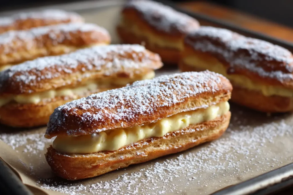 Piped coffee éclair dough on a parchment-lined baking tray before baking