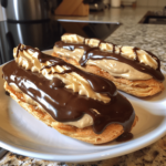 Homemade coffee éclairs filled with coffee pastry cream and topped with coffee glaze