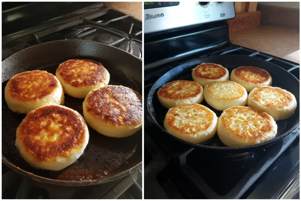 Homemade buttermilk English muffins cooking on cast iron and non-stick pans