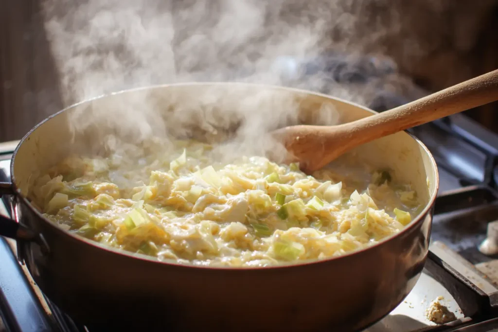 Leeks cooking slowly in butter in a pan for Anglesey Eggs