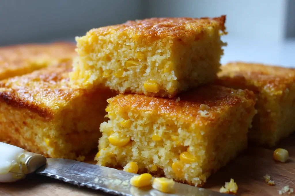 Cornbread-style vegan corn casserole cut into thick squares