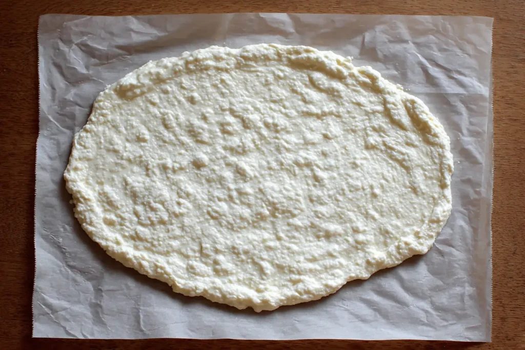 blended cottage cheese flatbread batter spread thinly on parchment paper on a baking sheet