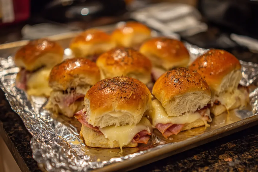 Mini grilled cheese Hawaiian rolls covered with foil on a baking sheet to melt the cheese