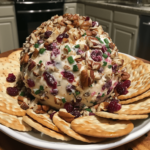 cranberry pecan cheese ball on a plate with crackers