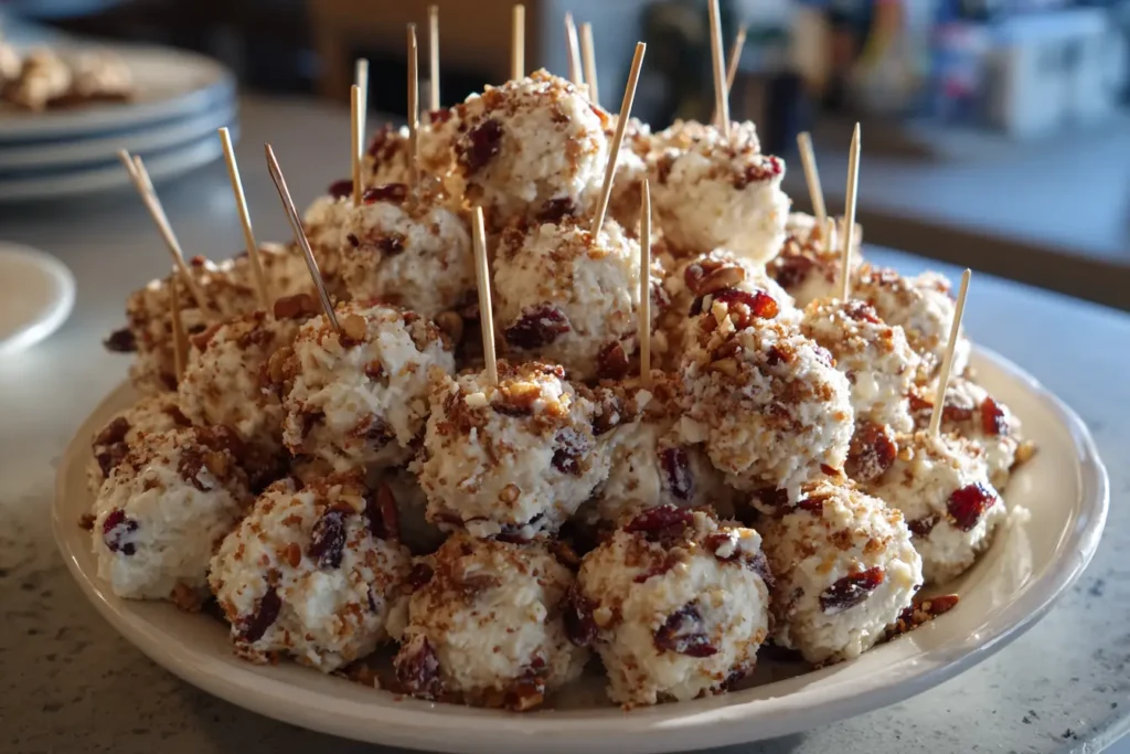 cranberry pecan cheese ball bites with pecan coating on a counter