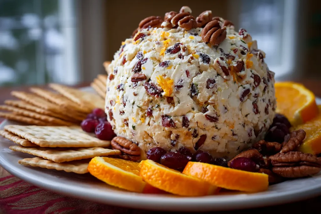 cranberry pecan cheese ball mixture in a bowl with cranberries