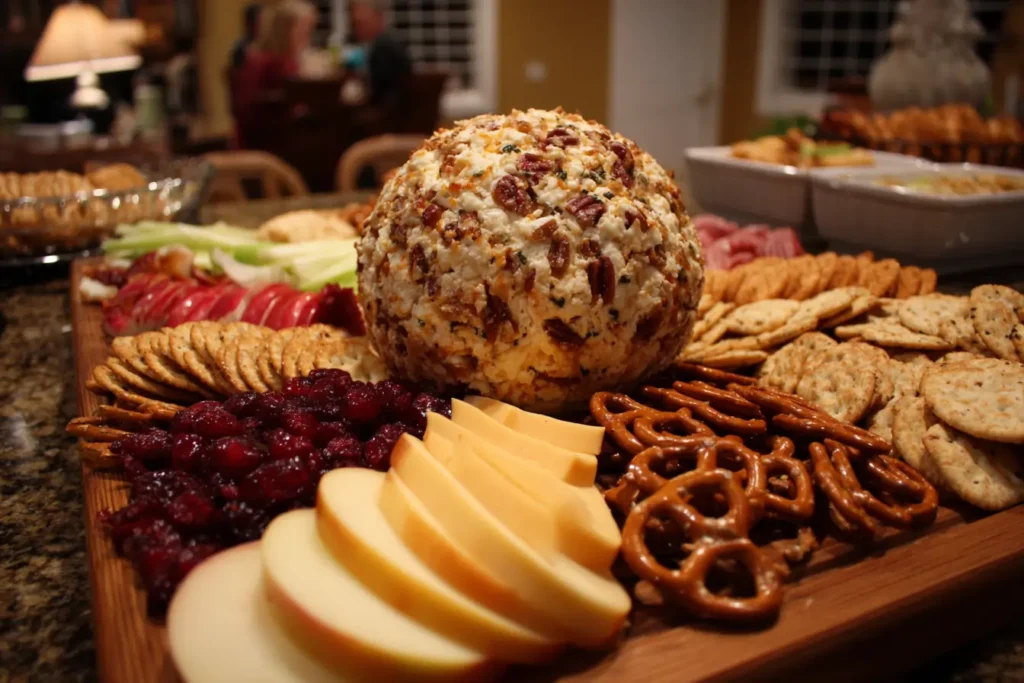 cranberry pecan cheese ball on a board with crackers pretzels and apple slices