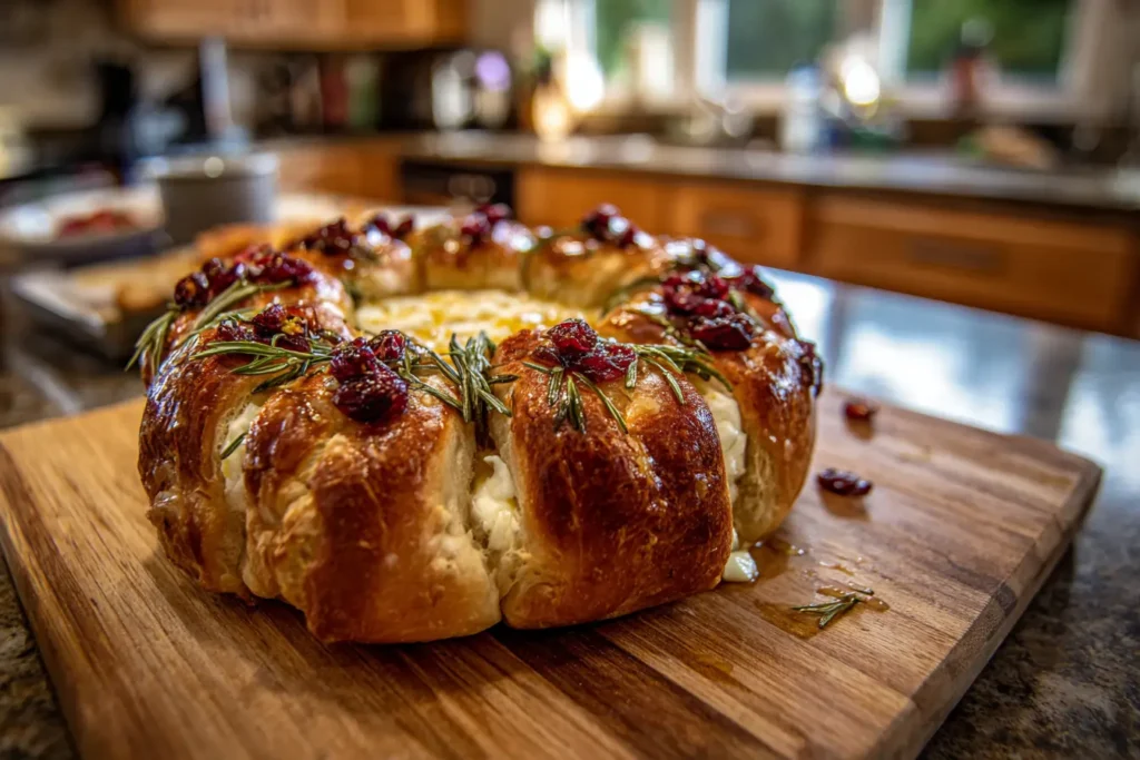 bread wreath with baked brie topped with cranberries and rosemary with honey drizzle