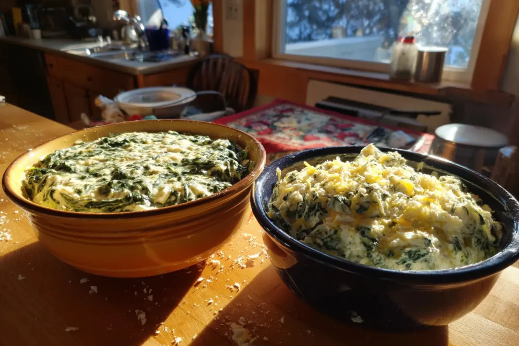 Two bowls comparing creamed spinach with feta cheese: steakhouse-creamy and Mediterranean-light with lemon.