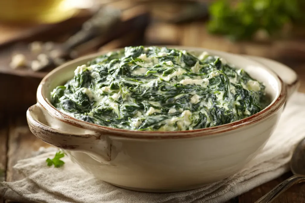 Creamed spinach with feta cheese in a ceramic bowl, thick and creamy with visible feta pieces.