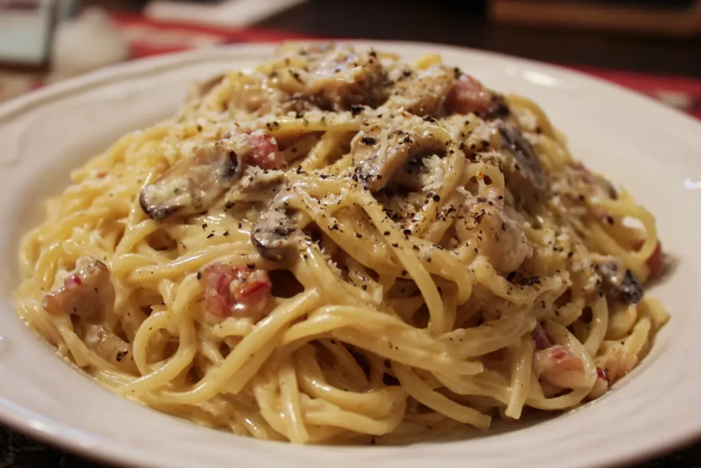 Creamy carbonara with mushrooms, parmesan, and black pepper
