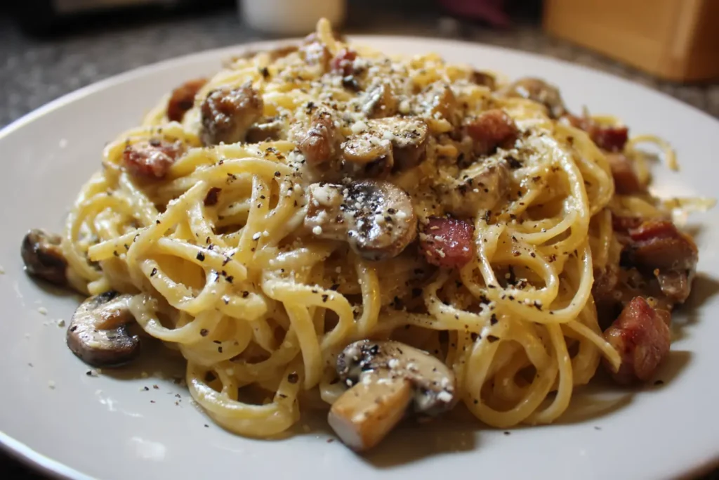 Creamy carbonara variation with mushrooms and parmesan