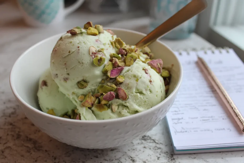 Creamy rose pistachio ice cream scoop with chopped pistachios and nutrition note