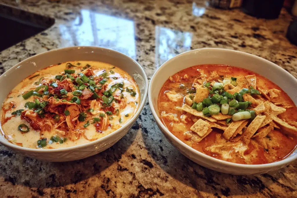 Slow cooker buffalo chicken tortilla soup in a crockpot with shredded chicken