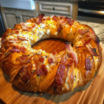 Crescent breakfast ring made with crescent dough, eggs, bacon, and melted cheese