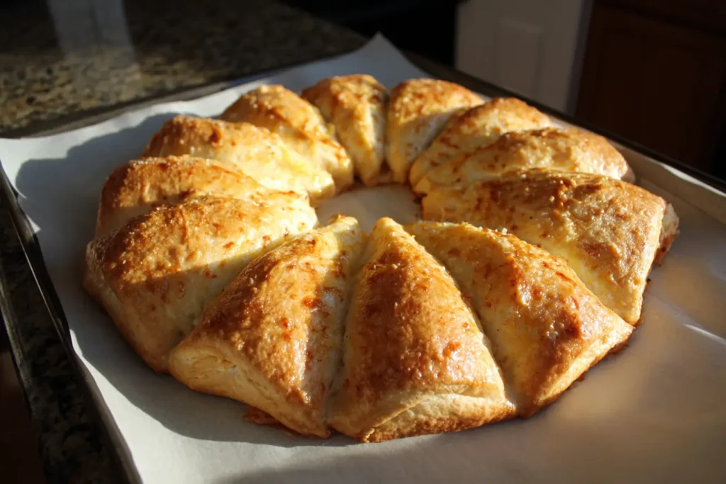 Full crescent breakfast ring next to mini crescent breakfast rings on a kitchen counter