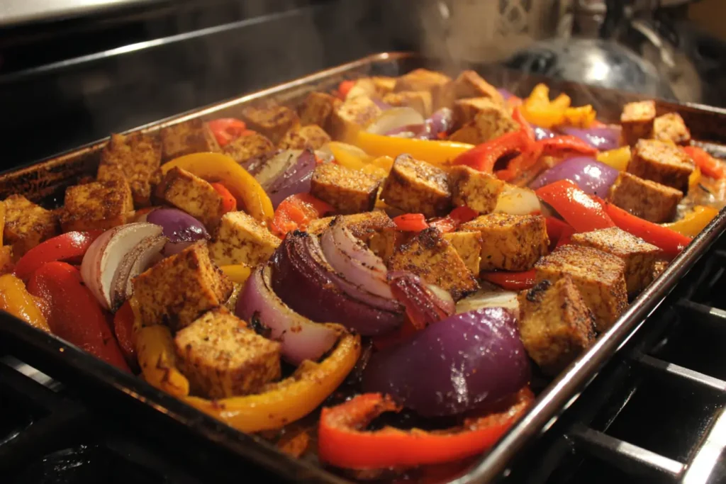 Sheet pan of crispy baked tofu, roasted peppers, and onions fresh from the oven