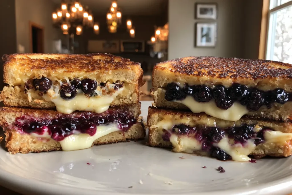 Crispy blueberry grilled cheese with jam and fresh blueberries side by side