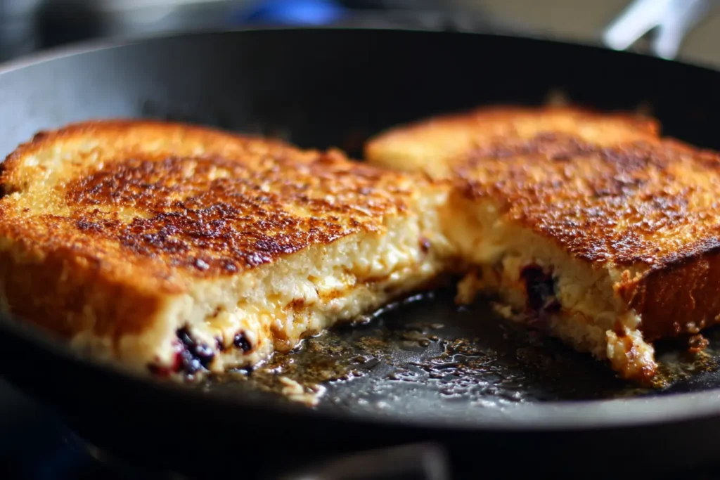 Crispy blueberry grilled cheese cooking in a skillet with golden crust