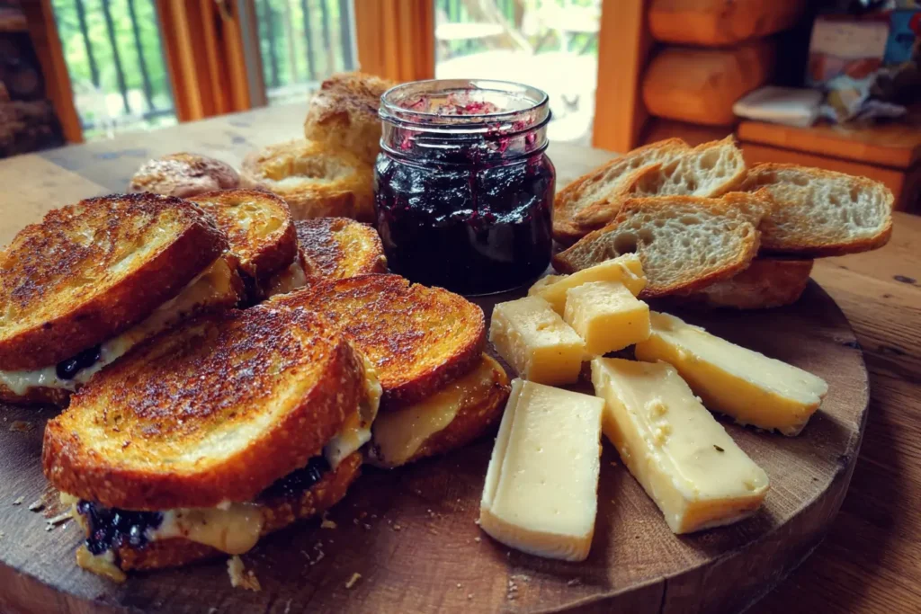 Crispy blueberry grilled cheese served with brie and blueberry jam