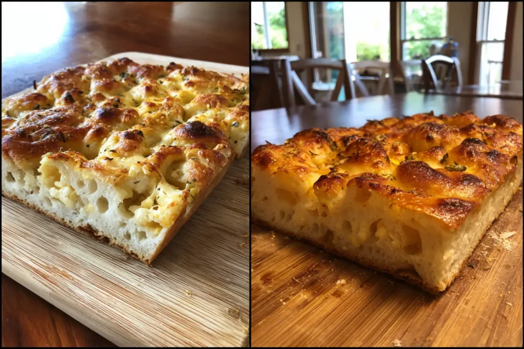 Comparison of focaccia bottoms showing pale soft crust vs golden crispy crust
