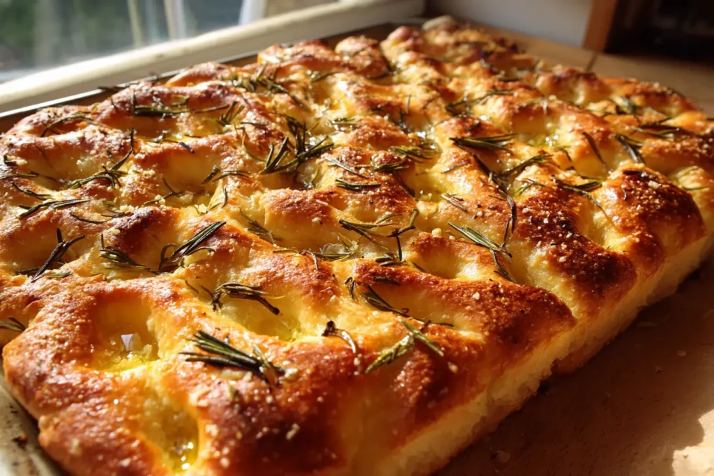 Oiled fingertips dimpling crispy focaccia dough with olive oil and rosemary