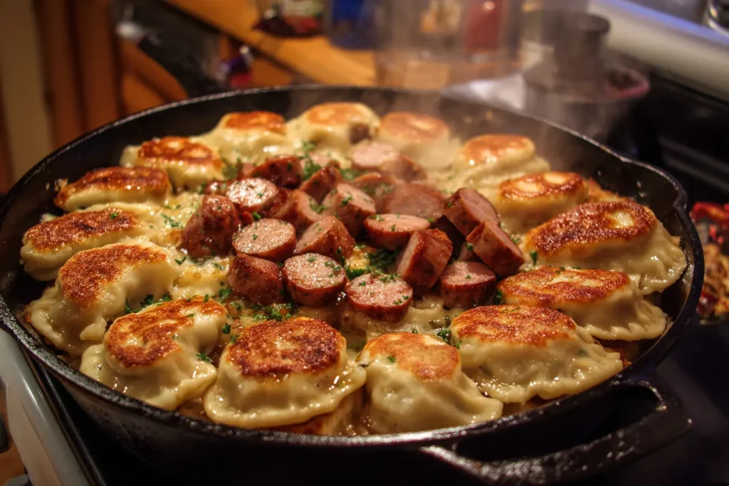 Golden crispy pierogies and browned sausage in a skillet with steam rising