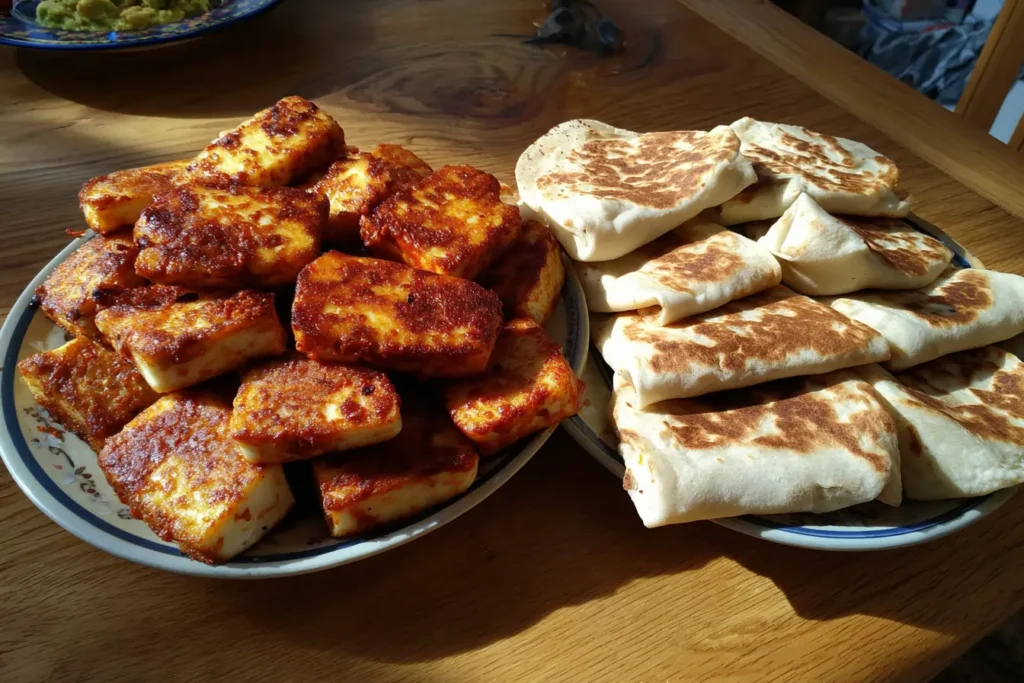 Crispy golden halloumi vs pale rubbery halloumi on a plate