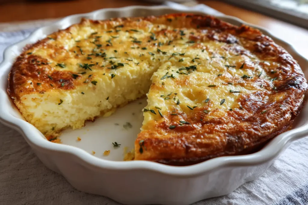 Baked crustless quiche in a ceramic dish with one slice removed and a creamy custardy center