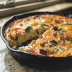 Amateur phone photo of a baked crustless quiche with golden edges and a creamy center