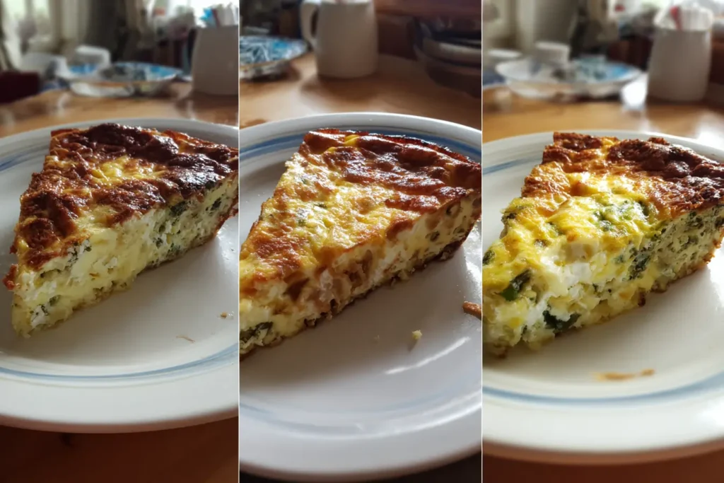 Three slices of crustless quiche showing custardy, perfectly set, and slightly overbaked textures