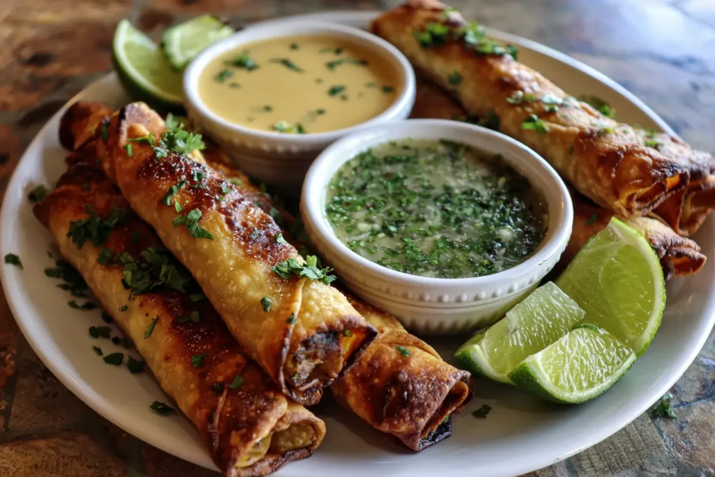 Chipotle crema and salsa verde beside a pile of air fryer chipotle taquitos