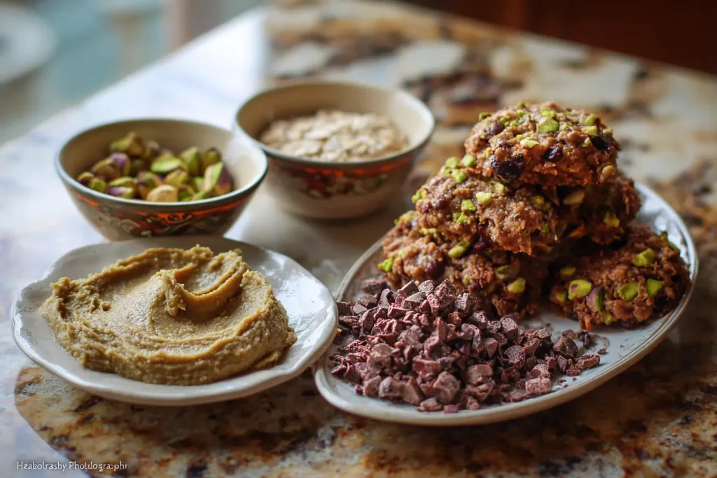 Unbaked Dubai chocolate oatmeal cookie dough balls on a baking tray