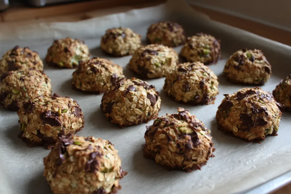 Pistachio cream and chopped chocolate used for Dubai chocolate oatmeal cookies