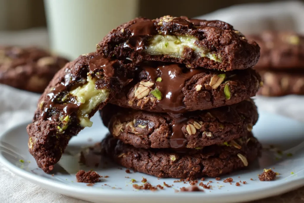 Stacked Dubai chocolate oatmeal cookies with gooey chocolate and pistachio cream