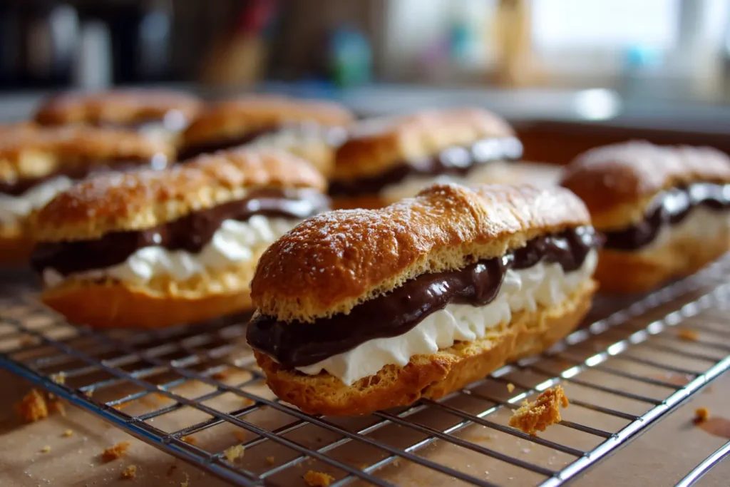Baked coffee éclair shells cooling on a wire rack