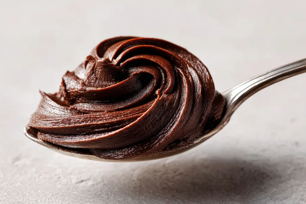 Eggless chocolate frosting on a spoon, smooth and glossy