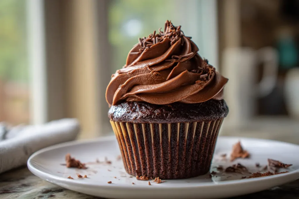 Cupcake with a tall swirl of eggless chocolate frosting