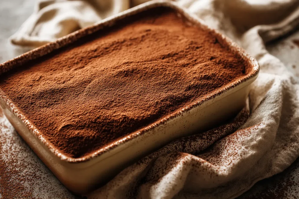 Eggless tiramisu in a dish with cocoa powder on top