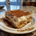 Eggless tiramisu with thick creamy layers and cocoa powder on top
