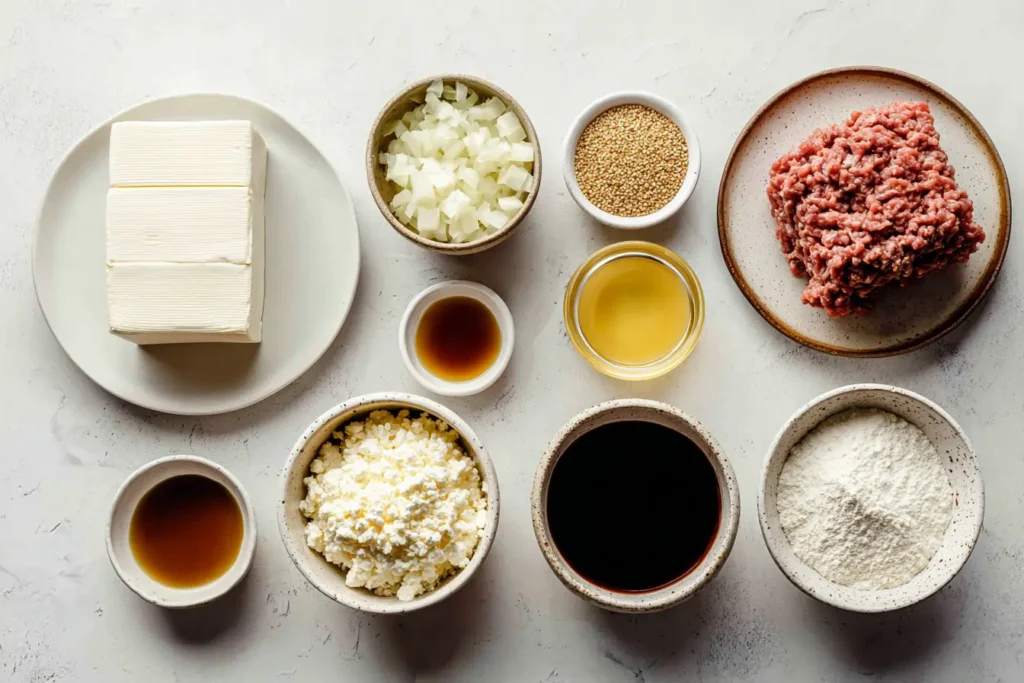 Overhead flat lay of tofu, ground beef, aromatics, sauces and seasonings for tofu and beef one pot