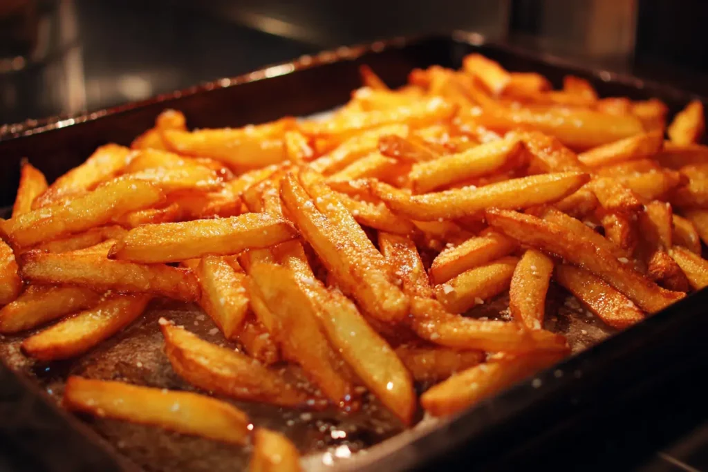 Deeply golden crispy fries on a baking sheet for breakfast poutine