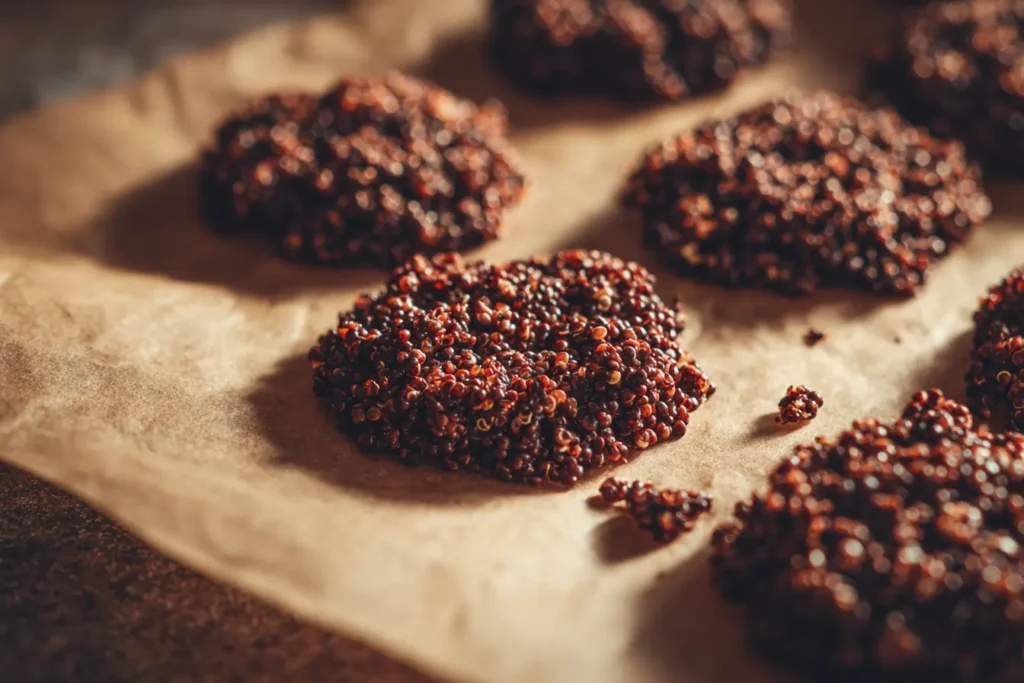 close-up of finished chocolate quinoa crisps on parchment paper