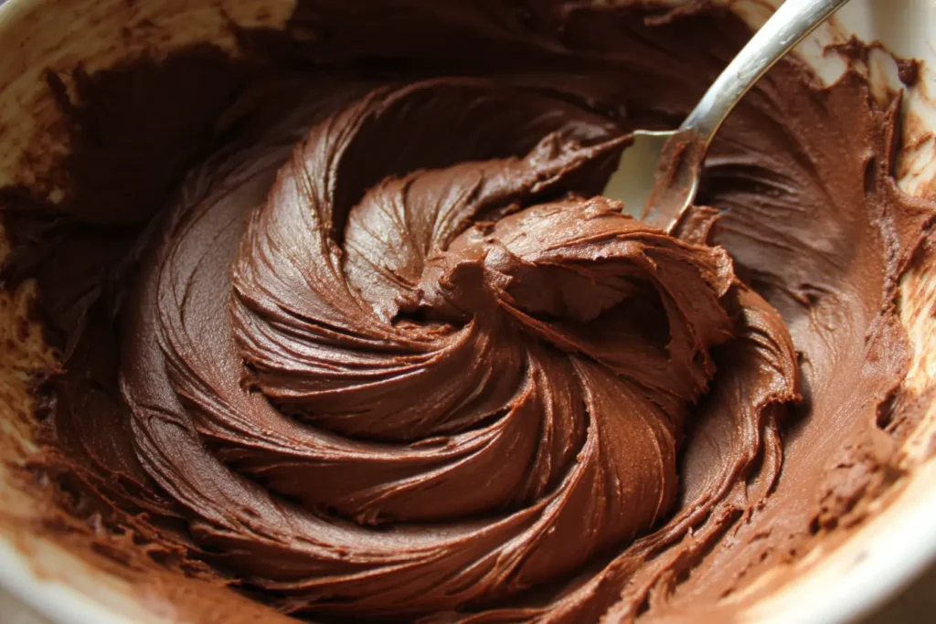Bowl of eggless chocolate frosting with fluffy swirls