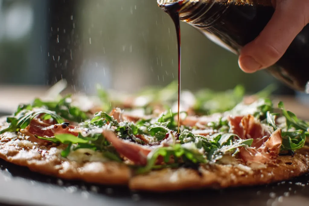 Hand topping white pizza with prosciutto with fresh arugula and balsamic glaze