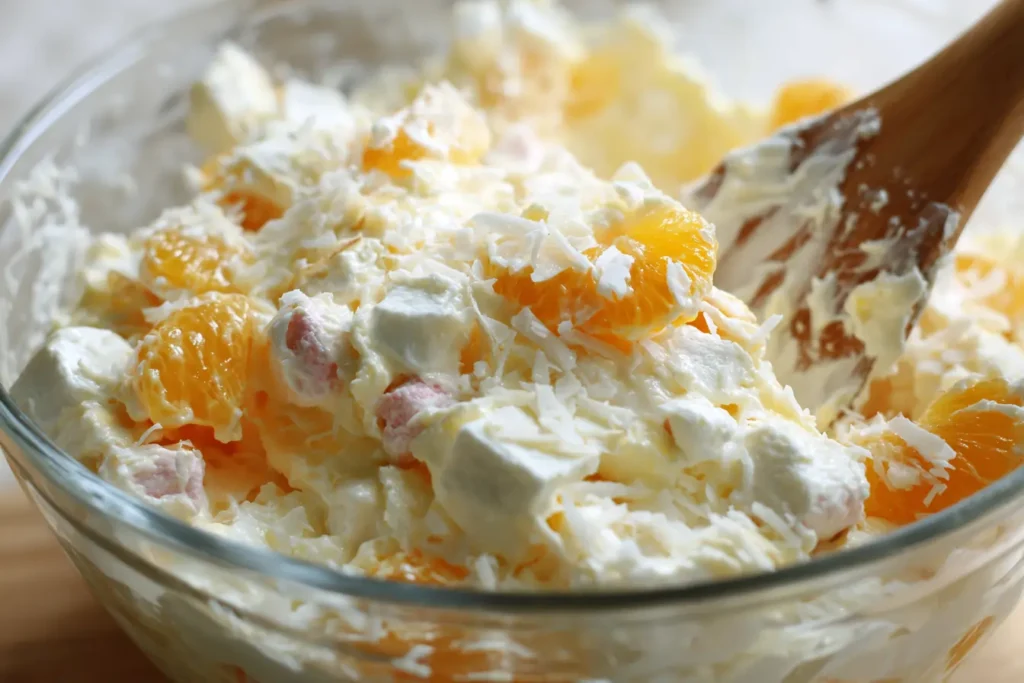 Folding ambrosia salad gently with a spatula to keep it fluffy