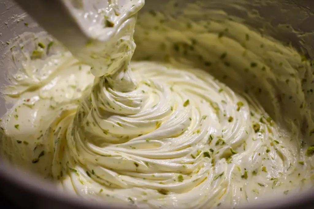 Folding pistachio mixture into whipped cream for creamy rose pistachio ice