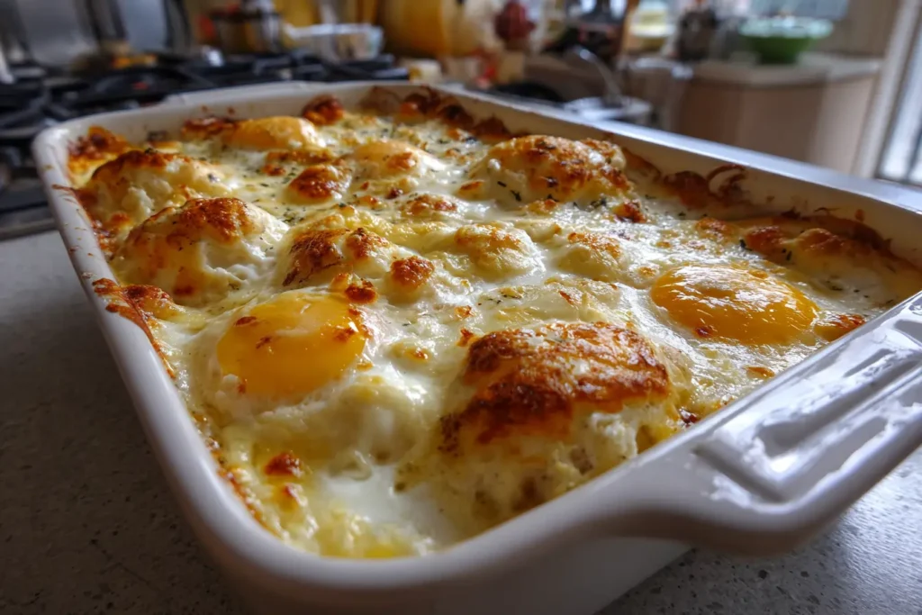 Anglesey Eggs in a ceramic baking dish with a lightly golden top