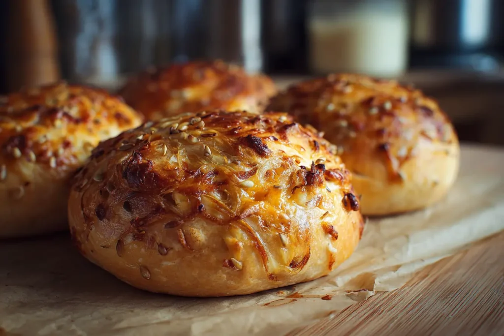 freshly baked cheese and onion rolls with golden tops