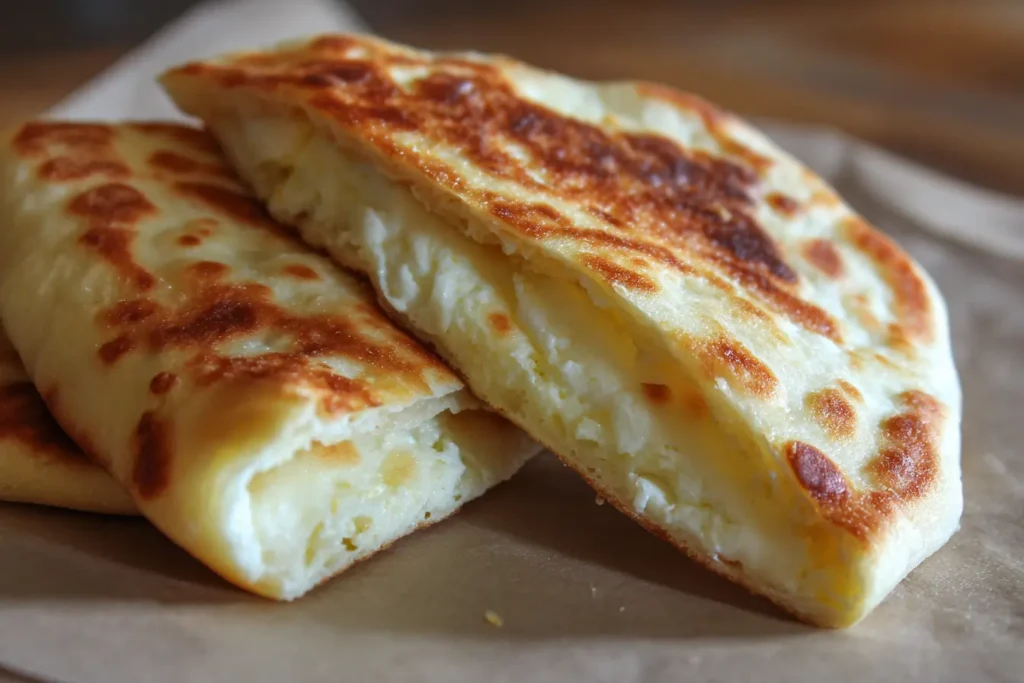 2-ingredient cottage cheese flatbread folded in half showing a soft flexible wrap texture